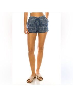 Womens Cali 1850 Blue & White Boho Printed Cotton Elastic Waist Shorts L